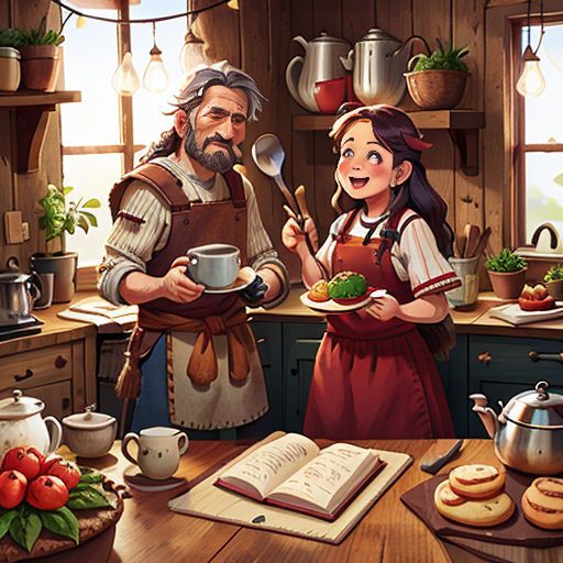 a man and a woman in a kitchen with a book and a pot of food in front of them