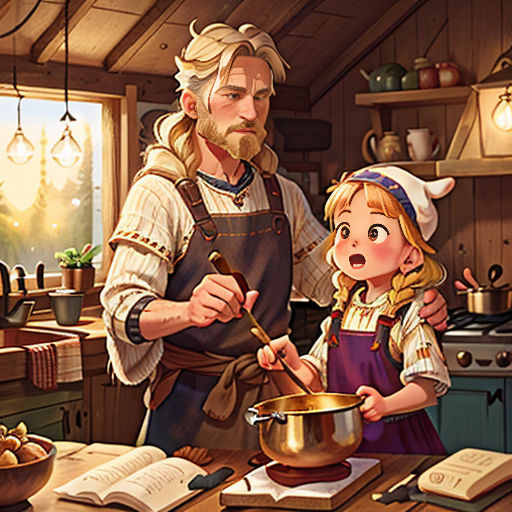 a man and a little girl cooking in a kitchen together, with a book open to the side of the picture