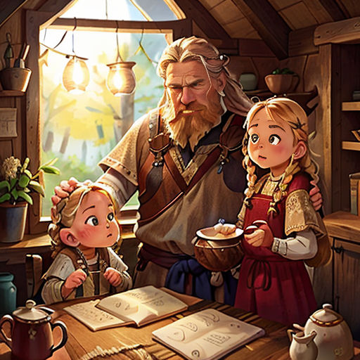 a man and two children are looking at a book on a table in a cabin with a window and a lamp