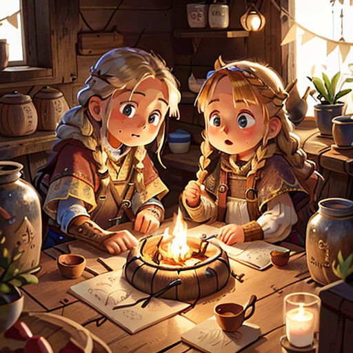 two children sitting at a table with a lit candle in front of them, looking at a book and a pot