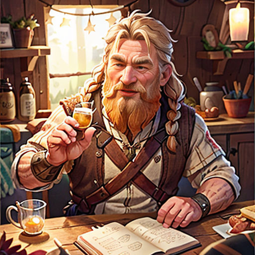 a man with a beard and a beard holding a glass of beer in his hand while sitting at a table