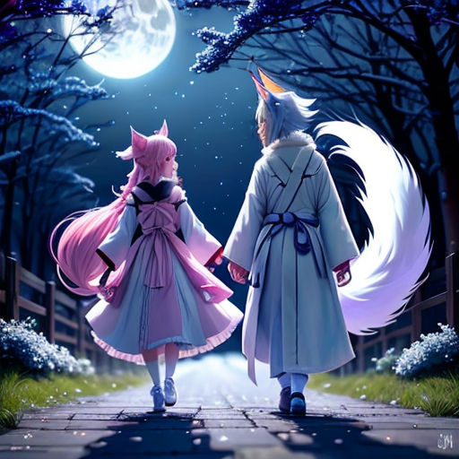 two anime characters walking down a path at night with a full moon in the background and a full moon in the sky