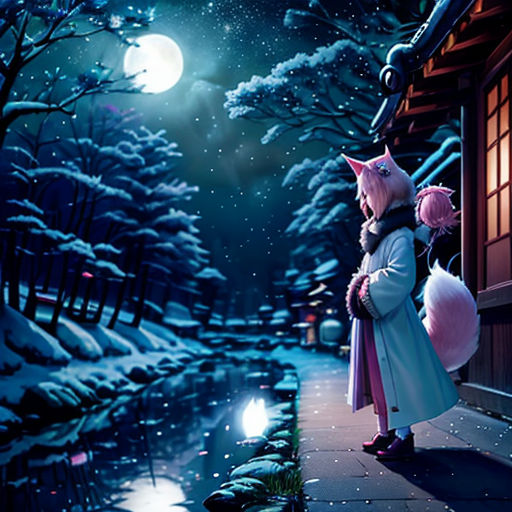 a person standing on a snowy street next to a river at night with a cat on his shoulder and a cat on his shoulder