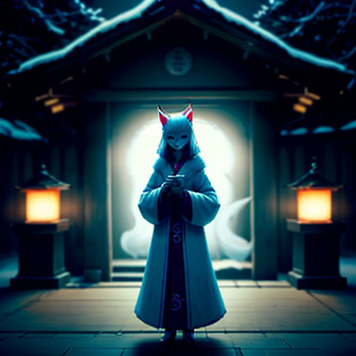 a woman in a white coat standing in front of a doorway with a cat on her head and a lantern in the background