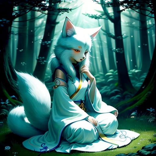a white fox sitting on top of a lush green forest next to a forest filled with trees and grass