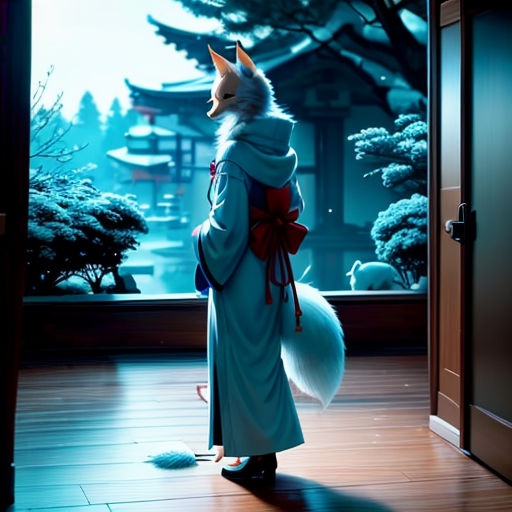 a cat dressed in a costume standing in front of a doorway with a cat on it's back