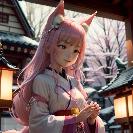 a woman dressed in a pink outfit standing in front of a building with a lantern and a cat on her head