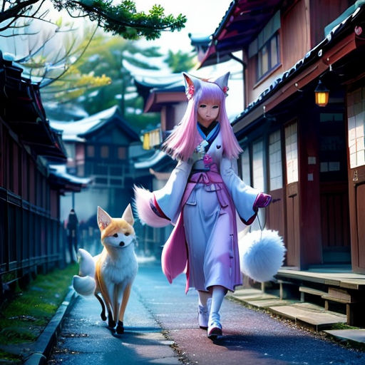 a woman walking down a street next to a dog and a fox on a leash, with a house in the background