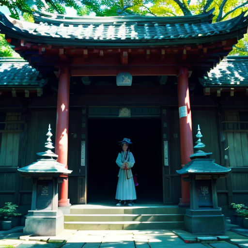 a woman in a white dress and hat standing in front of a building with a red roof and pillars