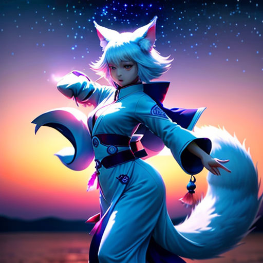 a woman in a blue outfit with a cat tail and a cat tail tail on her head, standing in front of a sunset