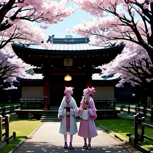 two women in pink outfits standing under cherry blossom trees in front of a pagoda with a pagoda in the background