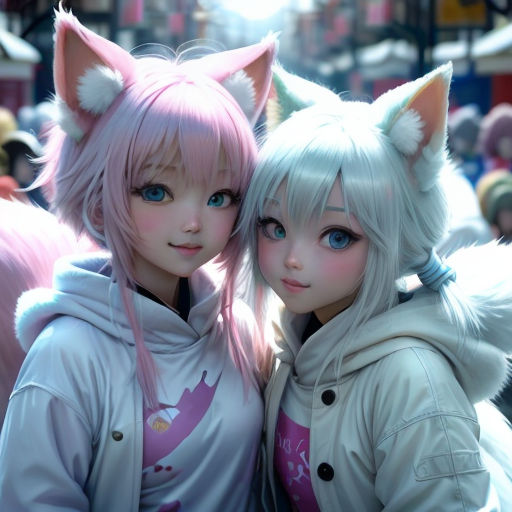 two anime girls are posing for a picture together in front of a crowd of people in a city street