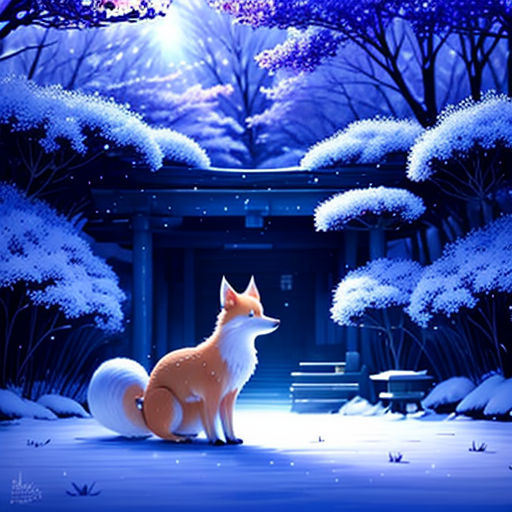 a fox sitting in the snow in front of a forest with snow covered trees and a bench in the background