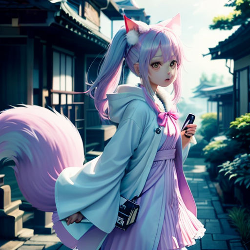 a woman in a purple dress holding a cell phone in her hand and a cat tail on her head