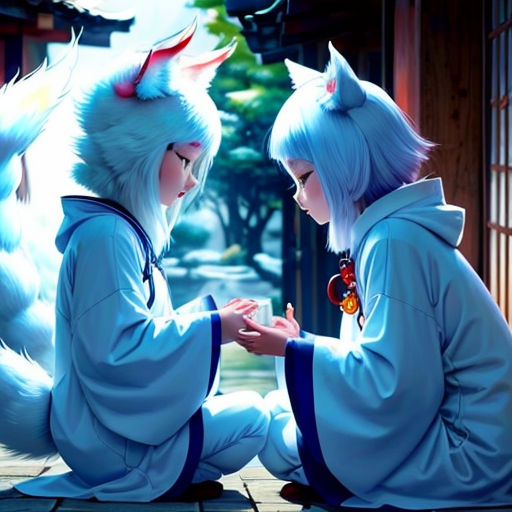 two people dressed in blue sitting on the ground with a cat on their head and a dragon on their body