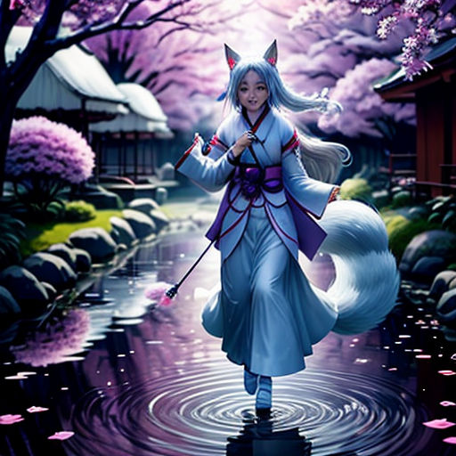 a woman in a white dress is walking through a pond with a cat on her shoulder and a pink umbrella