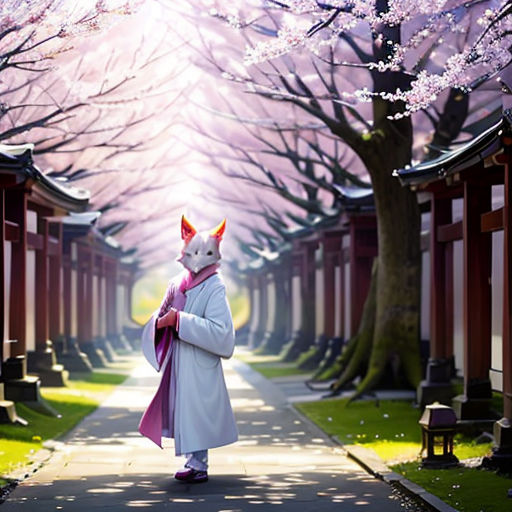 a person in a bunny suit standing in a park with cherry trees in the background and a person in a bunny suit standing in the foreground