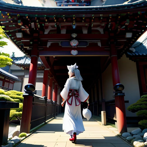 a woman in a kimono walking down a walkway in front of a building with a pagoda on top