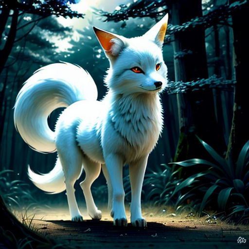 a white fox standing in the middle of a forest at night with a full moon in the background and a forest scene behind it