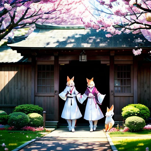 two women in kimonos walking towards a house with pink flowers on the trees and a dog in front of them