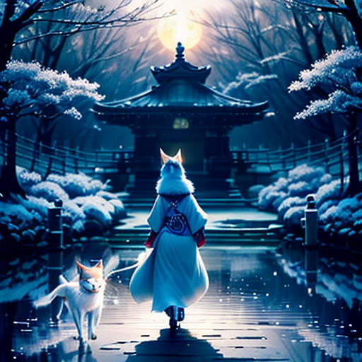 a person walking a dog in the snow with a cat on a leash in front of a pagoda and a pagoda
