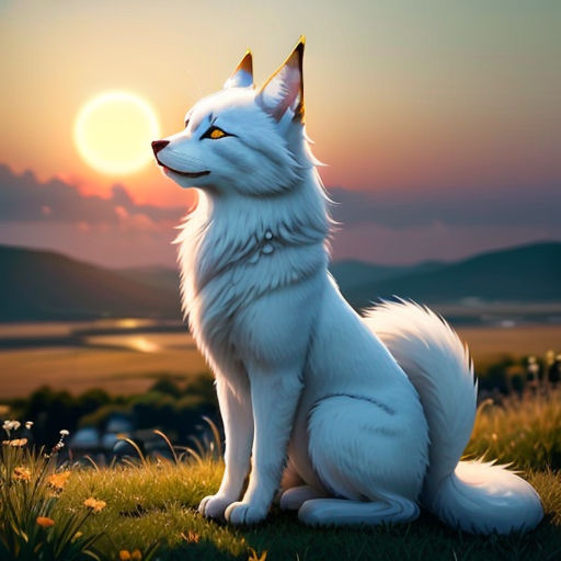 a white dog sitting on top of a lush green field next to a sunset with a sun in the background