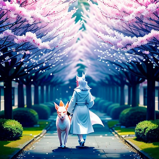 a woman walking a dog down a street next to a forest filled with pink flowers and trees with pink blossoms