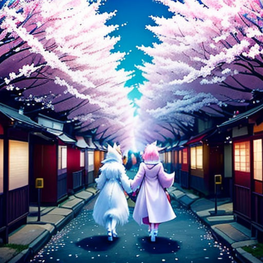 two people walking down a street under a sky filled with pink flowers and trees with white flowers on them