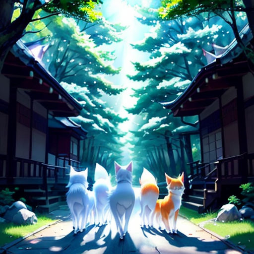 a group of cats standing on a road in front of a forest with houses and trees in the background