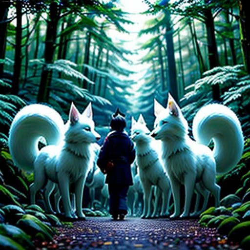a person standing in front of a group of white dogs in the woods with trees and grass in the background