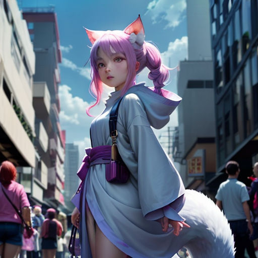 a woman in a cat costume is walking down a street with a cat on her shoulder and a cat on her shoulder