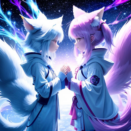 two anime girls with white hair and pink hair are facing each other with their eyes closed and their tails touching