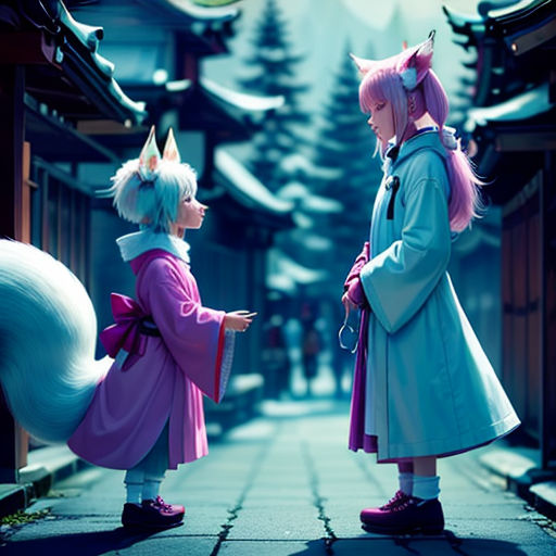 two people standing in front of a building with a cat on it's head and a cat on the ground