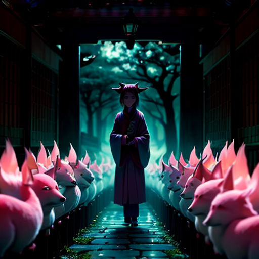a woman standing in a hallway with pink pigs on the floor and a green background with trees and lights