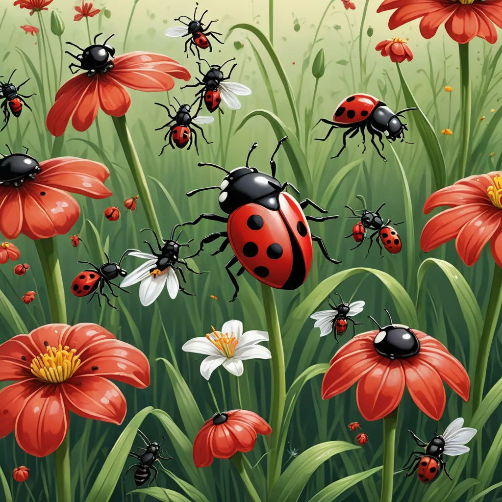 a group of ladybugs in a field of flowers and daisies with ladybirds flying around them, ecological art, a detailed painting, Corneille, highly detailed digital painting
