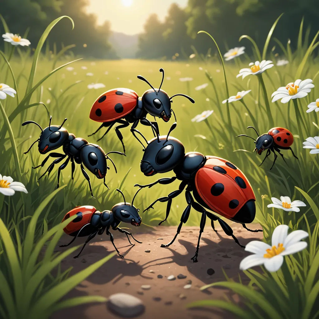 a group of ladybugs walking through a field of daisies and daisies in the sun light, american scene painting, a storybook illustration, Chris LaBrooy, official art