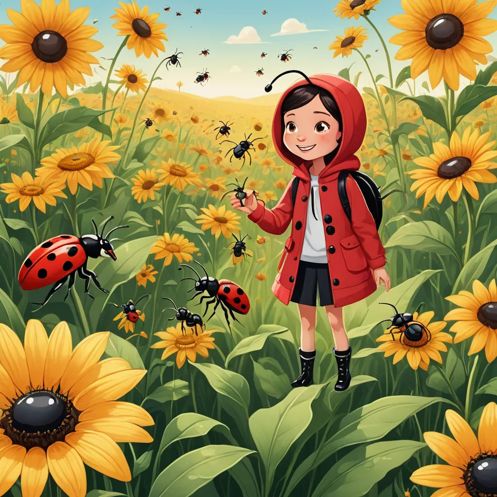 a girl in a red coat is standing in a field of sunflowers and bees with a ladybug, environmental art, a storybook illustration, Diego Gisbert Llorens, storybook illustration