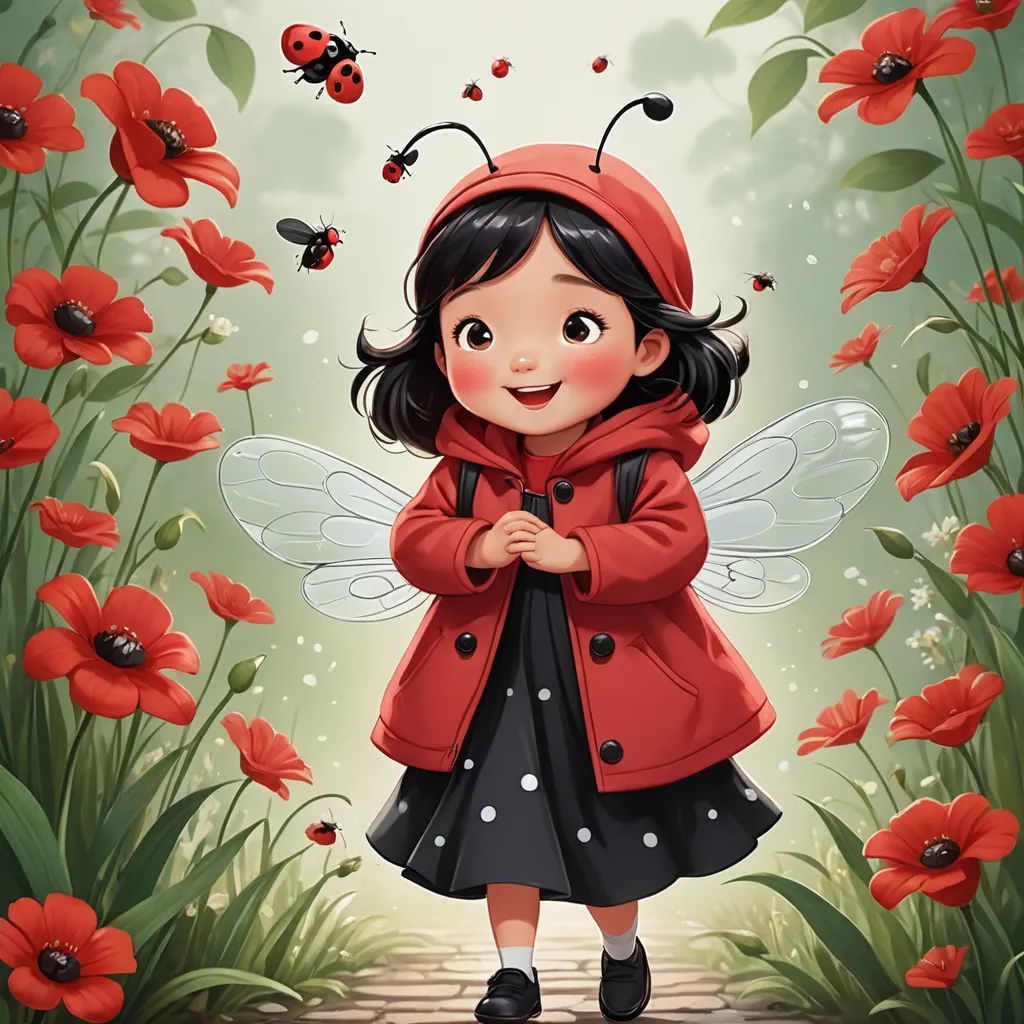 a little girl dressed in a red coat and black dress standing in a field of red flowers with a lady bug on her head, pop surrealism, a storybook illustration, Diego Gisbert Llorens, storybook illustration