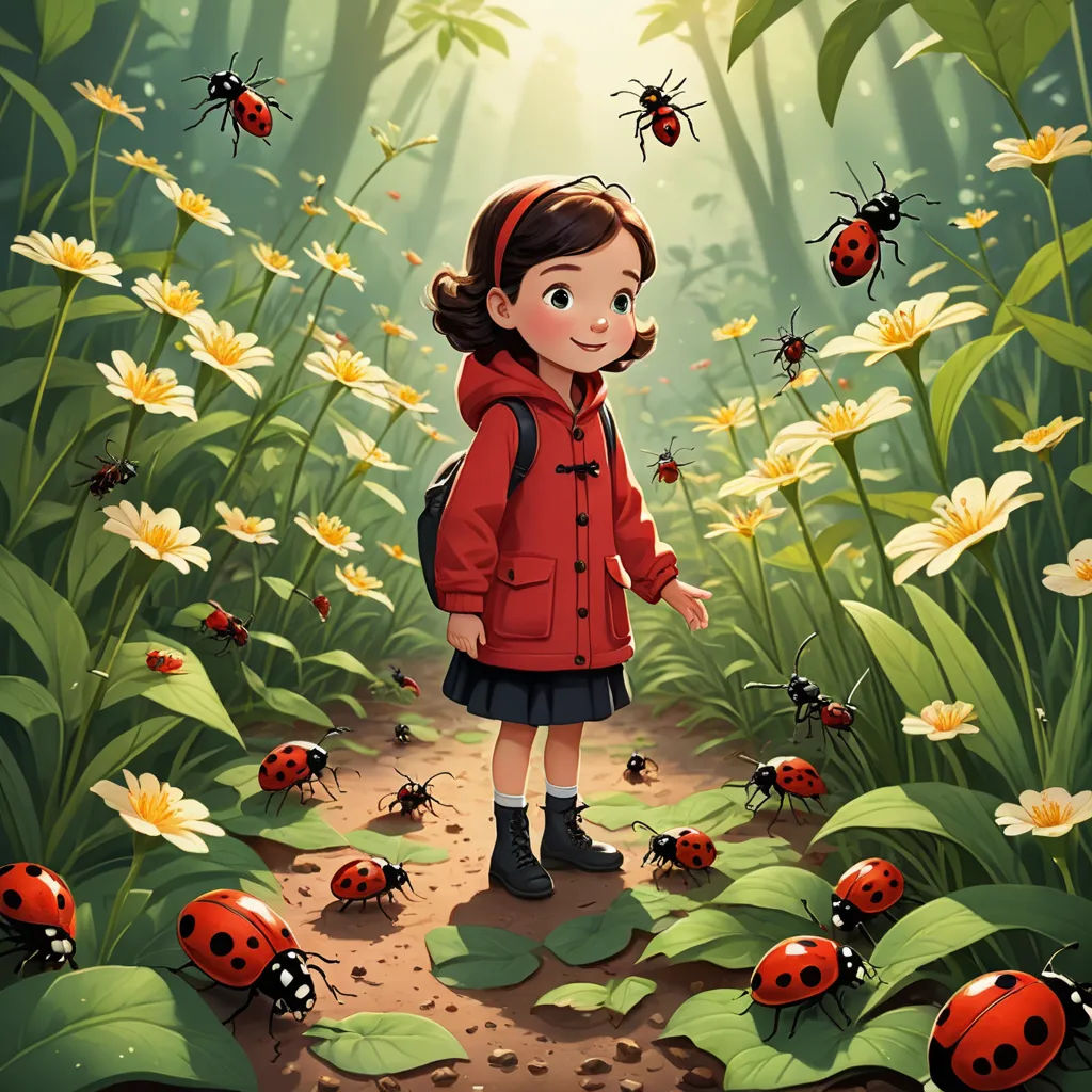 a little girl standing in a field of ladybugs with a red jacket on and a red backpack, environmental art, a storybook illustration, Diego Gisbert Llorens, deviantart artstation