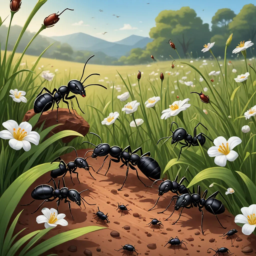 a group of ants walking through a field of flowers and grass with a butterfly flying above them in the background, synthetism, a storybook illustration, Andries Stock, furaffinity