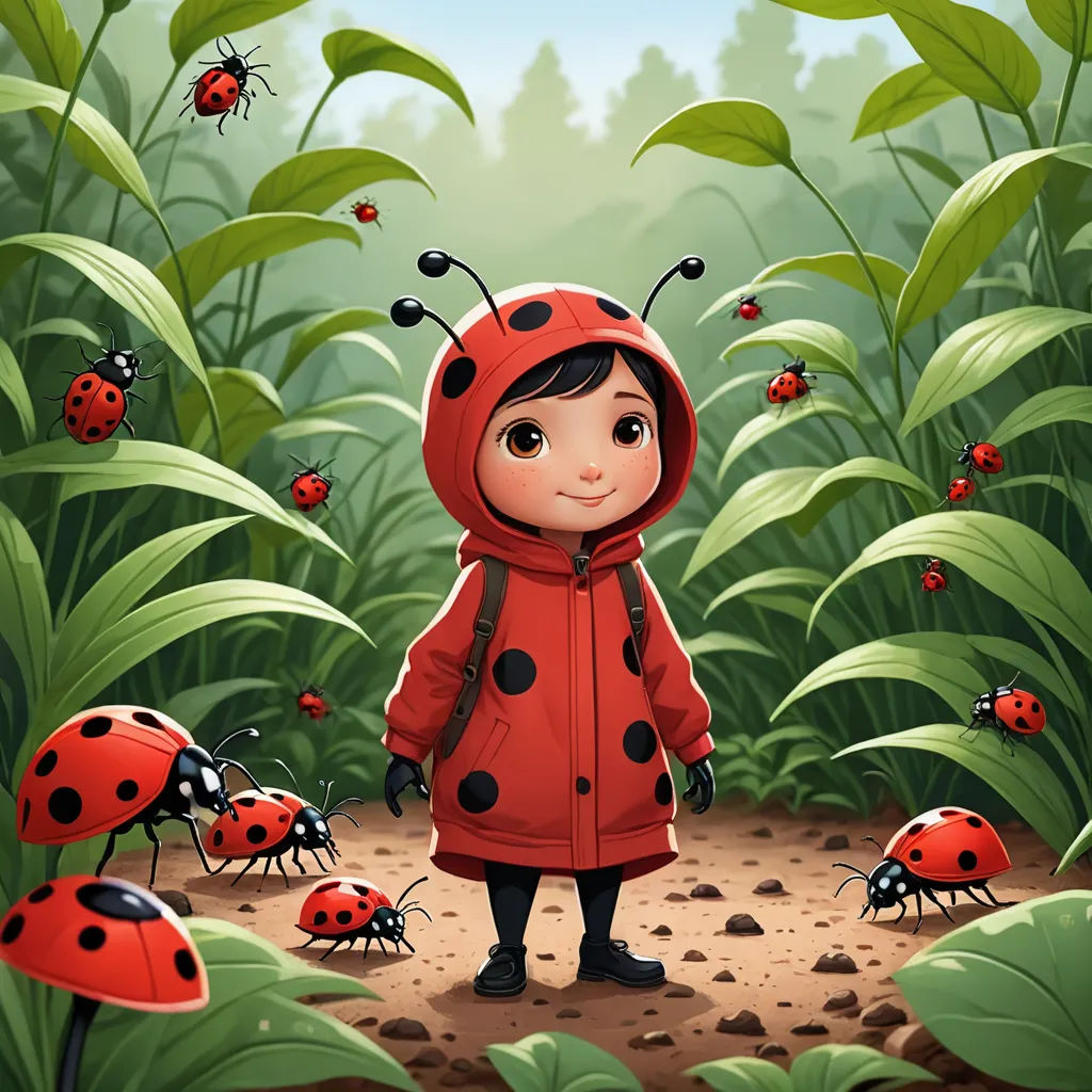 a little girl in a red coat standing in a field of ladybugs with a red hoodie, lyco art, a storybook illustration, Daphne McClure, highly detailed digital painting