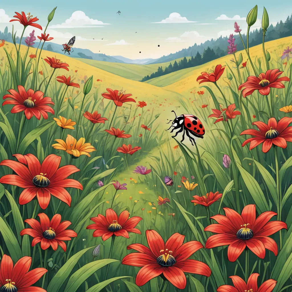 a lady bug is sitting on a flowery field with red flowers and a green field with yellow flowers, environmental art, a storybook illustration, Chris LaBrooy, storybook illustration