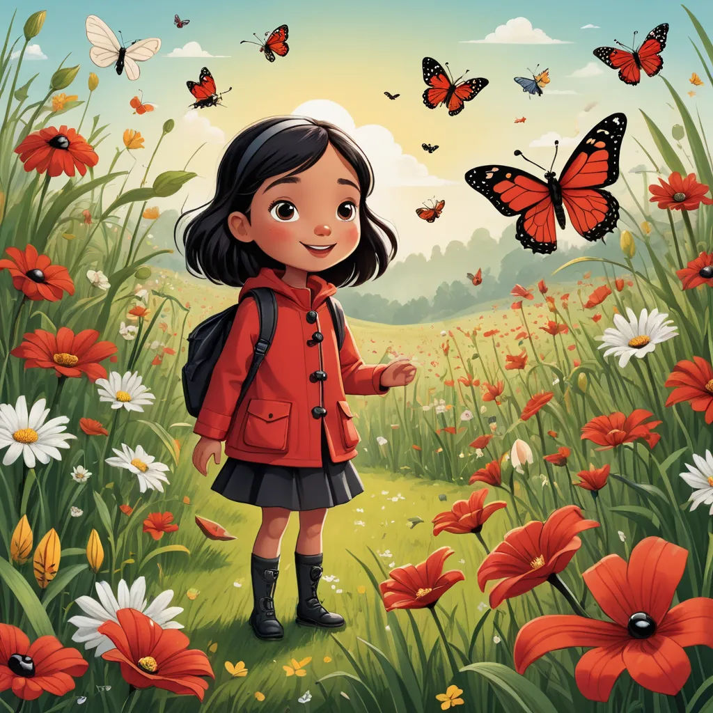a girl in a field of flowers with butterflies flying overhead and a red jacket on her shoulders and a black backpack on her shoulder, magical realism, a storybook illustration, Elinor Proby Adams, book cover