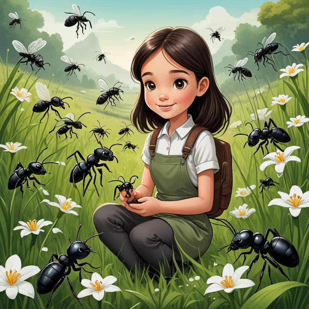 a girl in a field of bees with a backpack on her back and a bunch of bees in the background, fantasy art, a storybook illustration, Cliff Childs, comic cover art