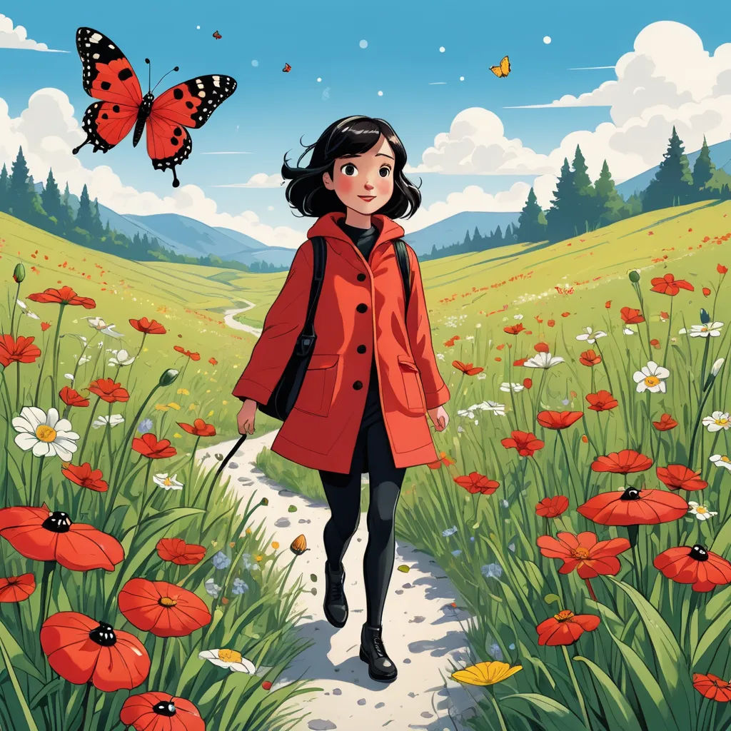 a woman walking down a path with a butterfly flying above her head and a field of flowers in the background, magic realism, a storybook illustration, Cliff Childs, promotional image