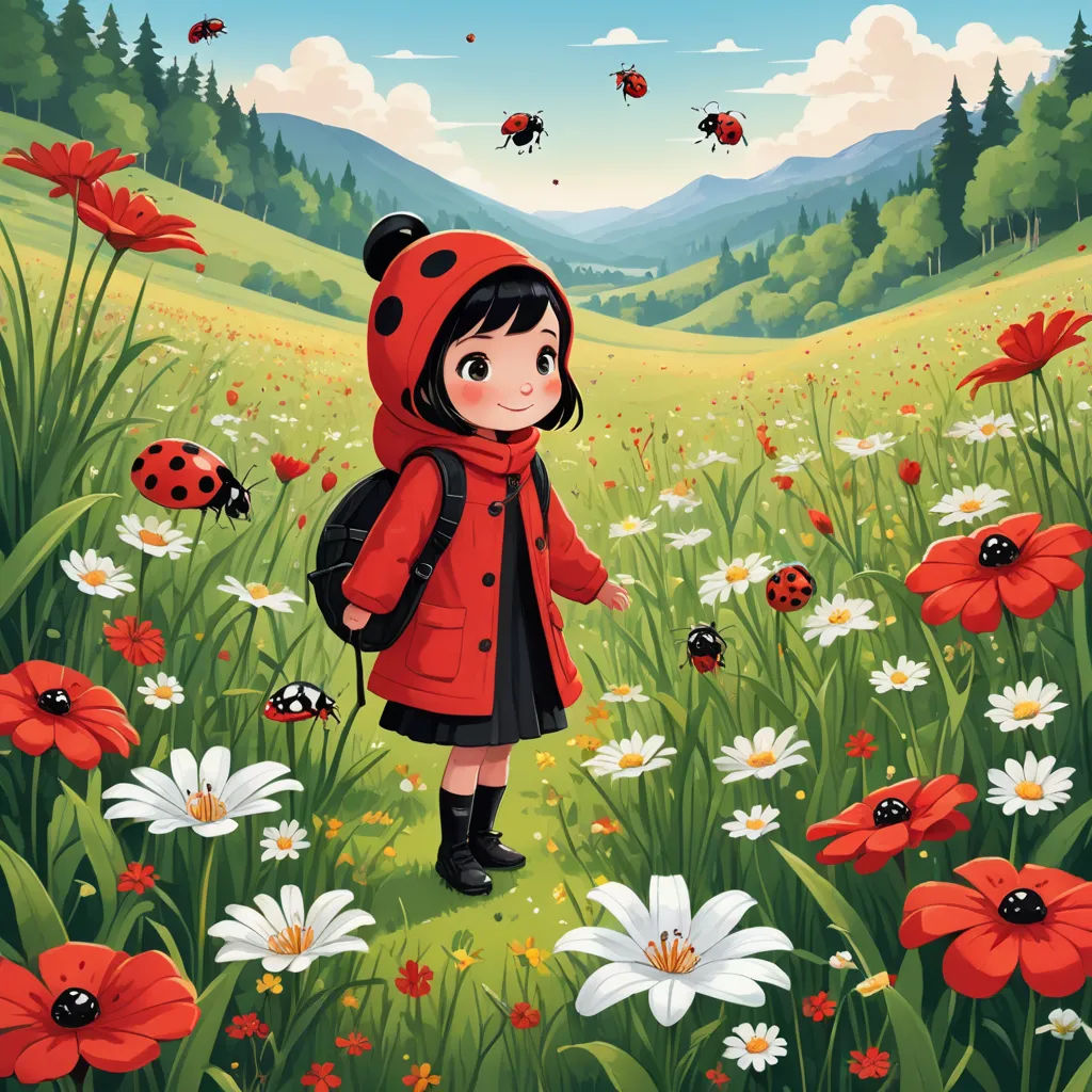 a little girl in a red coat standing in a field of flowers and ladybugs with a ladybug on her head, fantasy art, a storybook illustration, Diego Gisbert Llorens, trending on art station