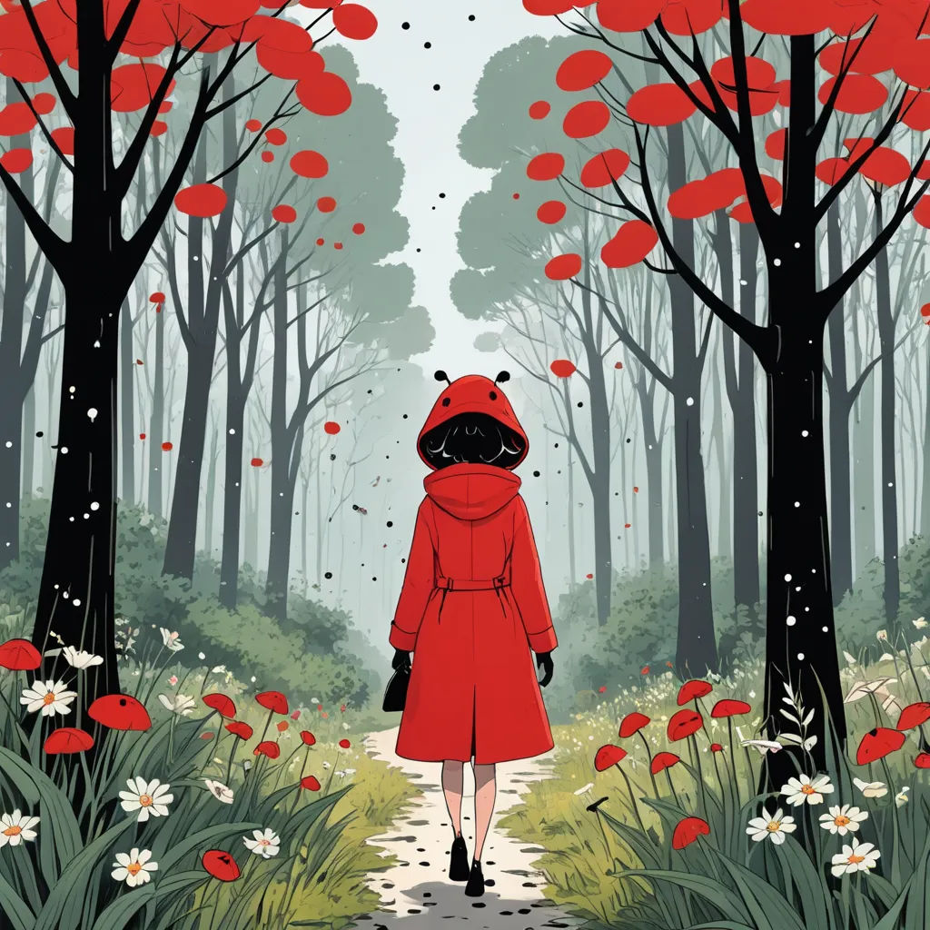 a woman in a red coat walking through a forest with red flowers on the trees and a path leading to a red umbrella, serial art, a storybook illustration, Atey Ghailan, book cover