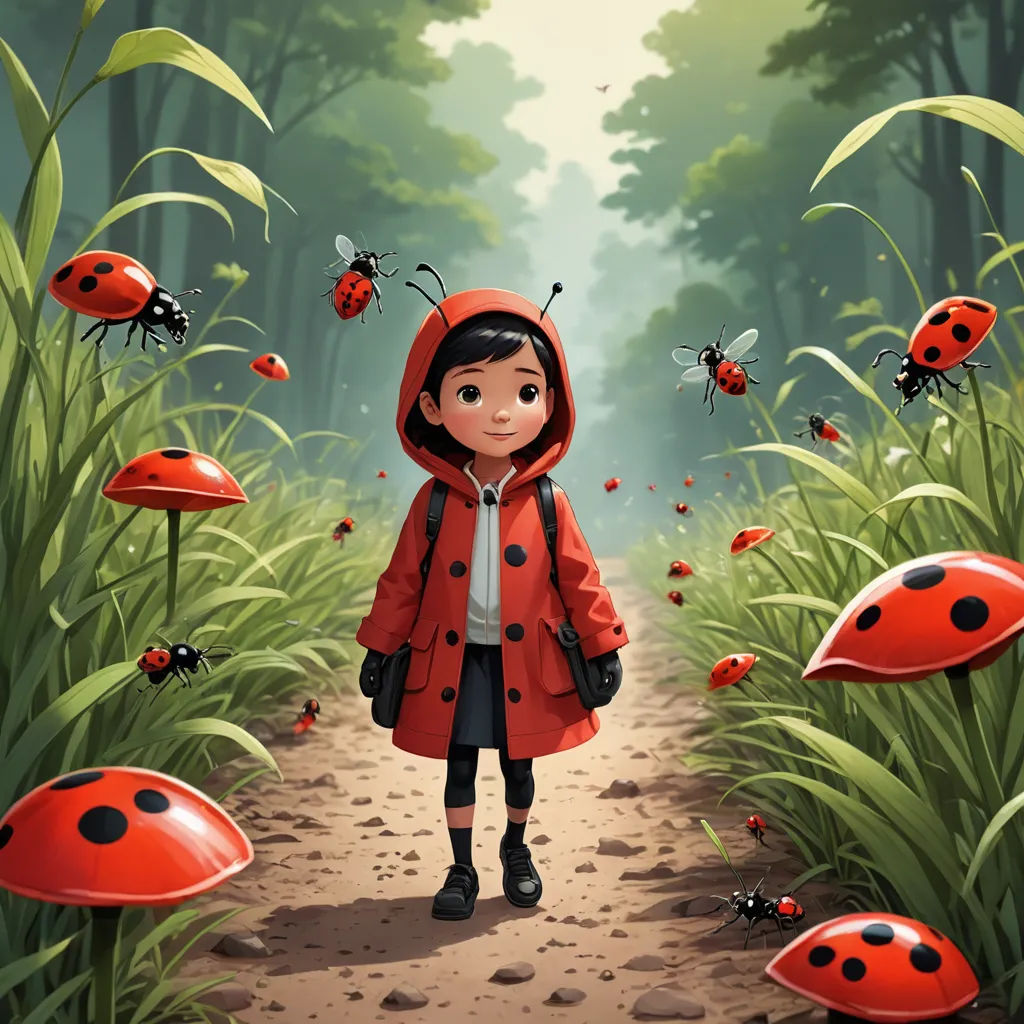 a little girl in a red raincoat standing in a forest with ladybugs flying around her and a ladybug on the ground, environmental art, a storybook illustration, Atey Ghailan, promotional image