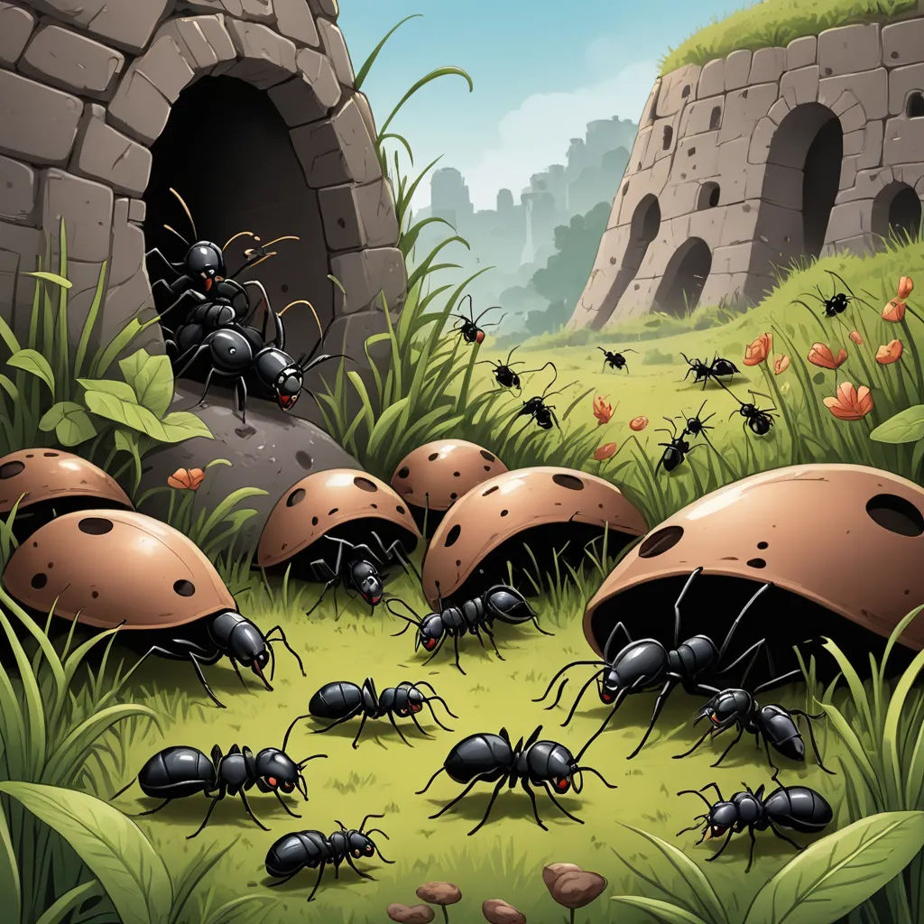 a group of bugs in a field near a stone tunnel with grass and flowers on the ground and a stone wall, antipodeans, a storybook illustration, Andries Stock, 2 d game art