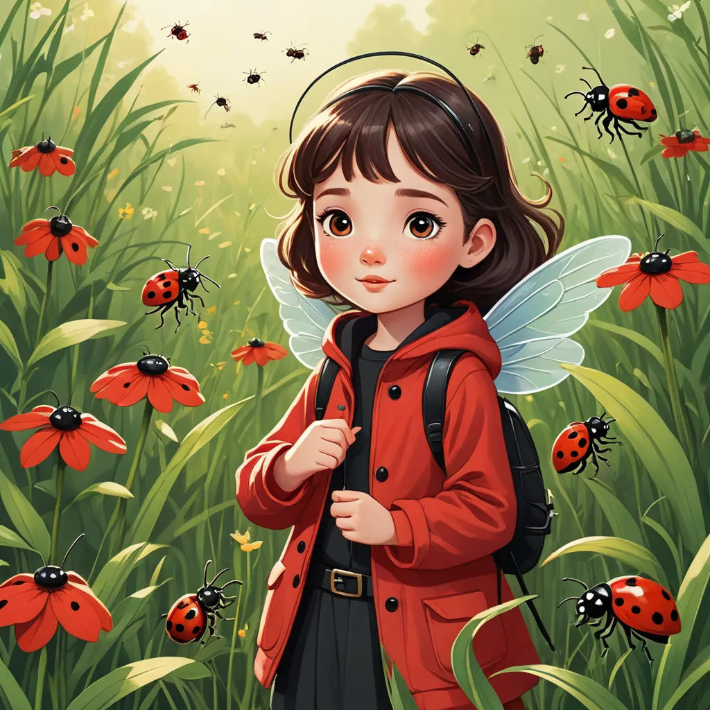a little girl in a red jacket standing in a field of flowers with lady bugs flying around her and a lady bug on her shoulder, fantasy art, a storybook illustration, Atey Ghailan, trending on art station